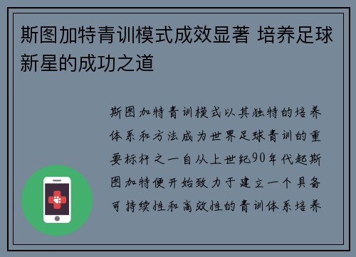 斯图加特青训模式成效显著 培养足球新星的成功之道